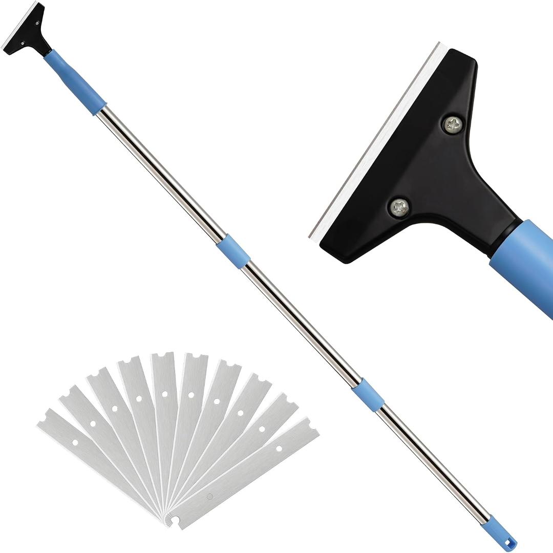 Heavy-Duty Floor Scraper with Long Handle (37''-51.5''), 4-Inch Metal Scraper Cleaning Tool, Comes with 10 Blades, Suitable for Cleaning Walls, Glass, Adhesives, Chewing Gum, and Ceilings, 37in