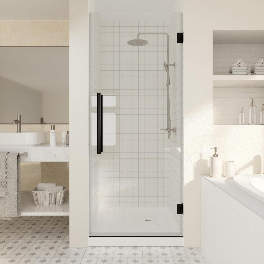 Fully Frameless Pivot Shower Door with 5/16"(8mm) Tempered GlassHinged Single Swing Shower Door by Easy Clean Coating Glass, Matte Black (24"  72", Matte Black)