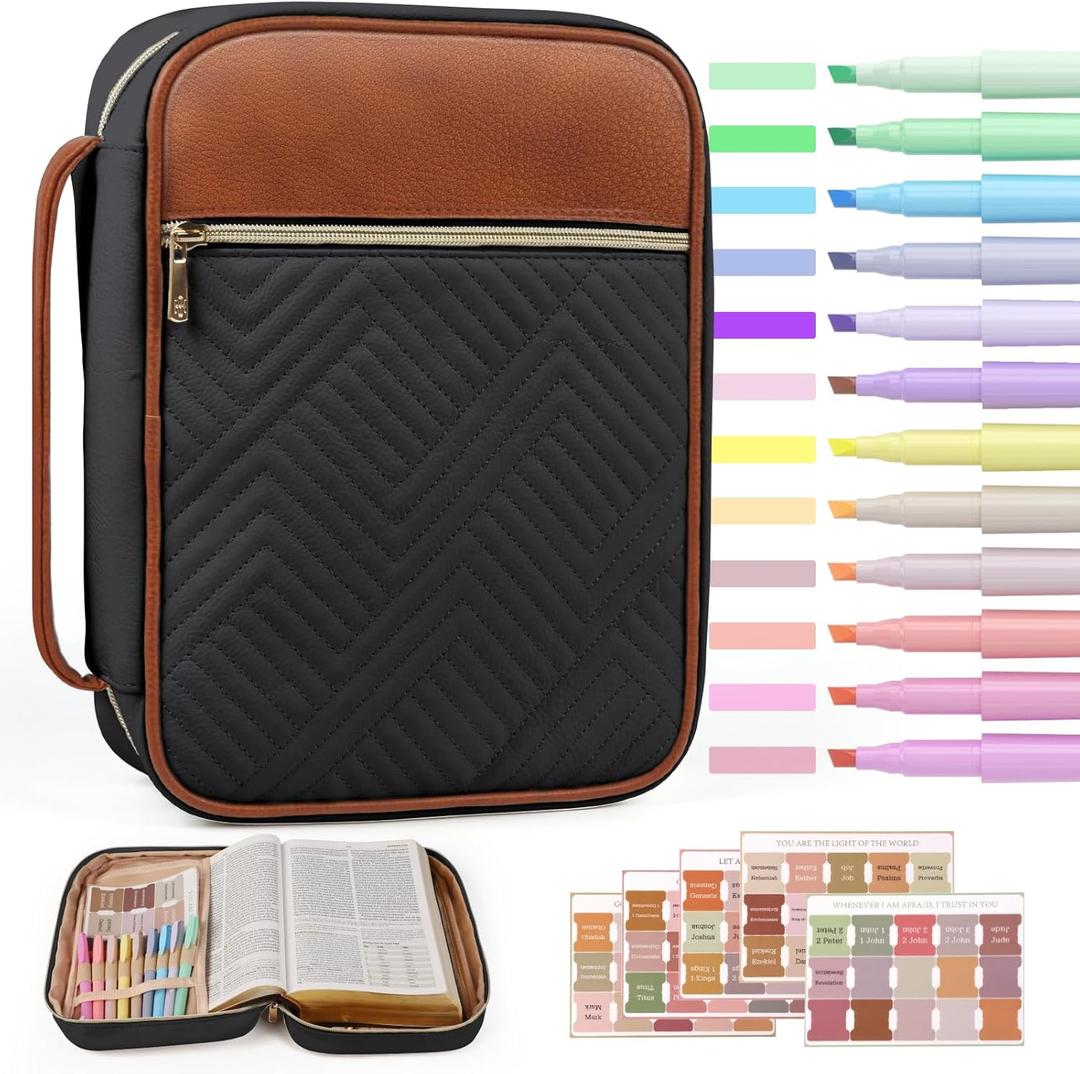 Quilted Vegan Leather Bible Cover, Color-Blocked Bible Cover Case for Women, Large Bible Carrying Case with Handle, Bible Study Supplies & Christian Gift for Women (Black & Brown, XL)