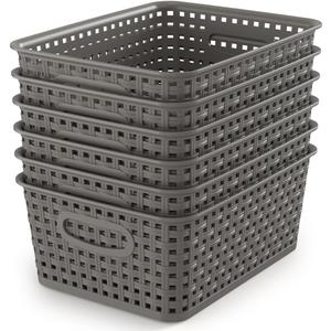 WYT Weave Storage Organizer Baskets, Grey 6-Pack Plastic Woven Baskets, 10.1" x 7.55" x 4.1"