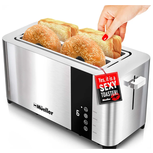 Mueller UltraToast Full Stainless Steel Toaster 4 Slice, Long Extra-Wide Slots for Bagels and Waffles, 6 Browning Levels, LED Display, Cancel/Defrost/Reheat Functions & Removable Tray, Kitchen Gadgets