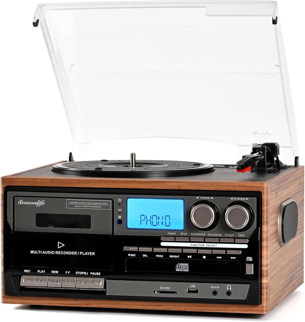 Seasonlife® Vinyl Record Player 10 in 1 Vintage Turntable, Retro Wood Brown