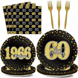 96PCS 60th Theme Birthday Party Tableware Vintage 1966 Party Supplies 60 Year Old Birthday Party Decorations Plates Napkins Forks Black and Gold Dinnerware Favors for Men or Women
