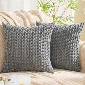 GAWAMAY Decorative Throw Pillow Covers 18x18 Inch Set of 2 for Living Room Couch Bed Sofa, Farmhouse Square Cushion Cover Soft Striped Corduroy Pillow Cases Boho Accent Home Decor (45x45cm) Grey