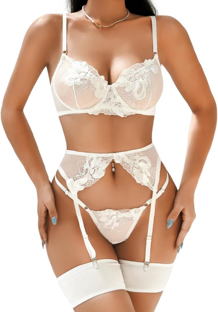 Kaei&Shi Bridal Lingerie Wedding Night, Underwire Floral Embroidered Sexy Lingerie for Women, Matching Thong 3 Piece Lingerie Set Bachelorette Gift Bride Petite White, Small