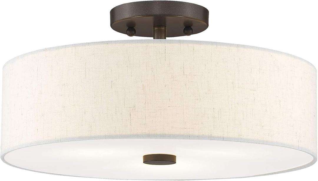 Livex Lighting 52135-92 Meridian Collection 3-Light Semi Flush Mount Ceiling Fixture with Oatmeal Color Fabric Hardback Drum Shade and Satin White Diffuser, English Bronze