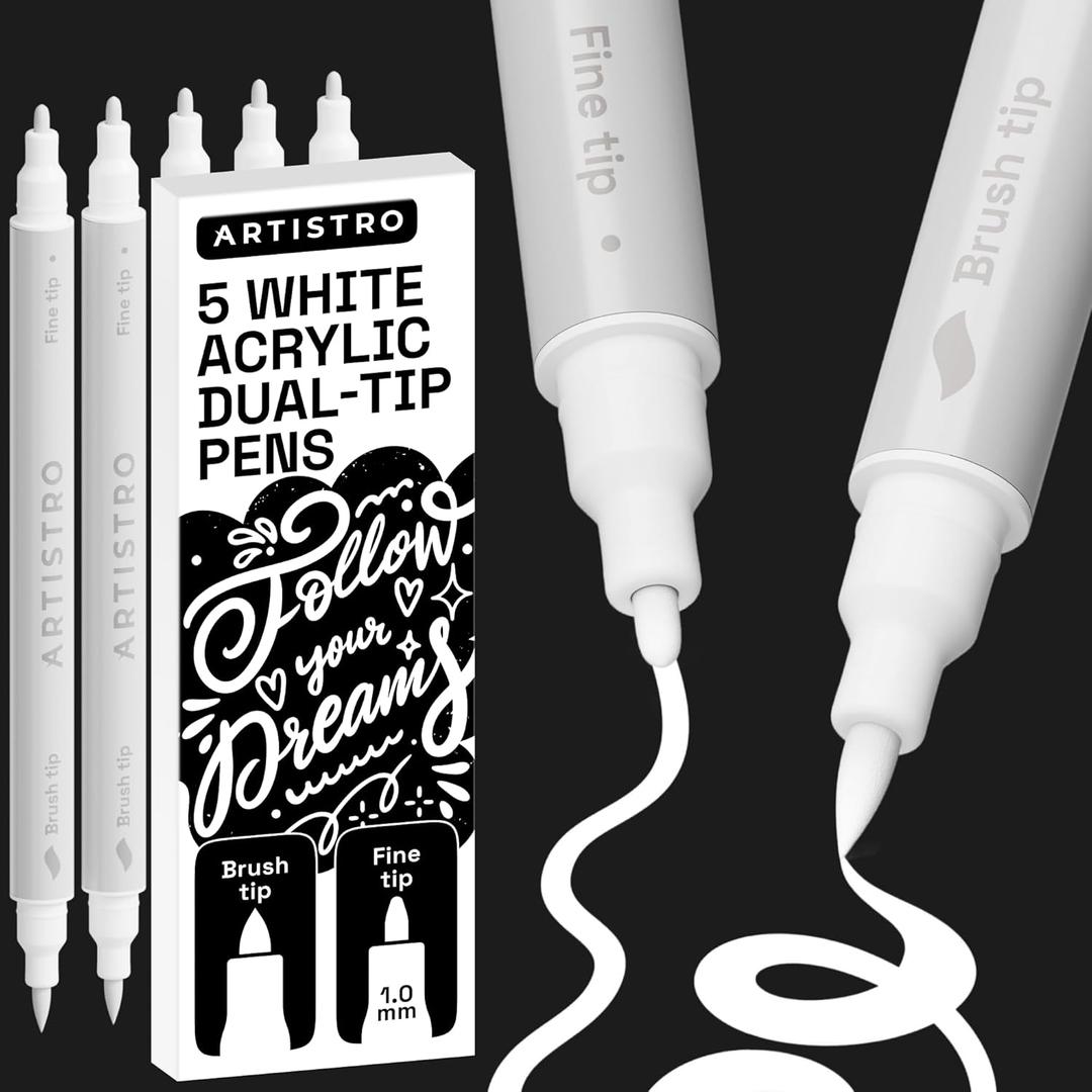 ARTISTRO 5 White Acrylic Paint Markers - Paint Pens for Drawing, Brush + Fine Tips - For Fabric, Rock, Glass, Wood, DIY, Eggs - Art & Craft Supplies for Adults, Teens, Kids - Easter Basket Stuffers