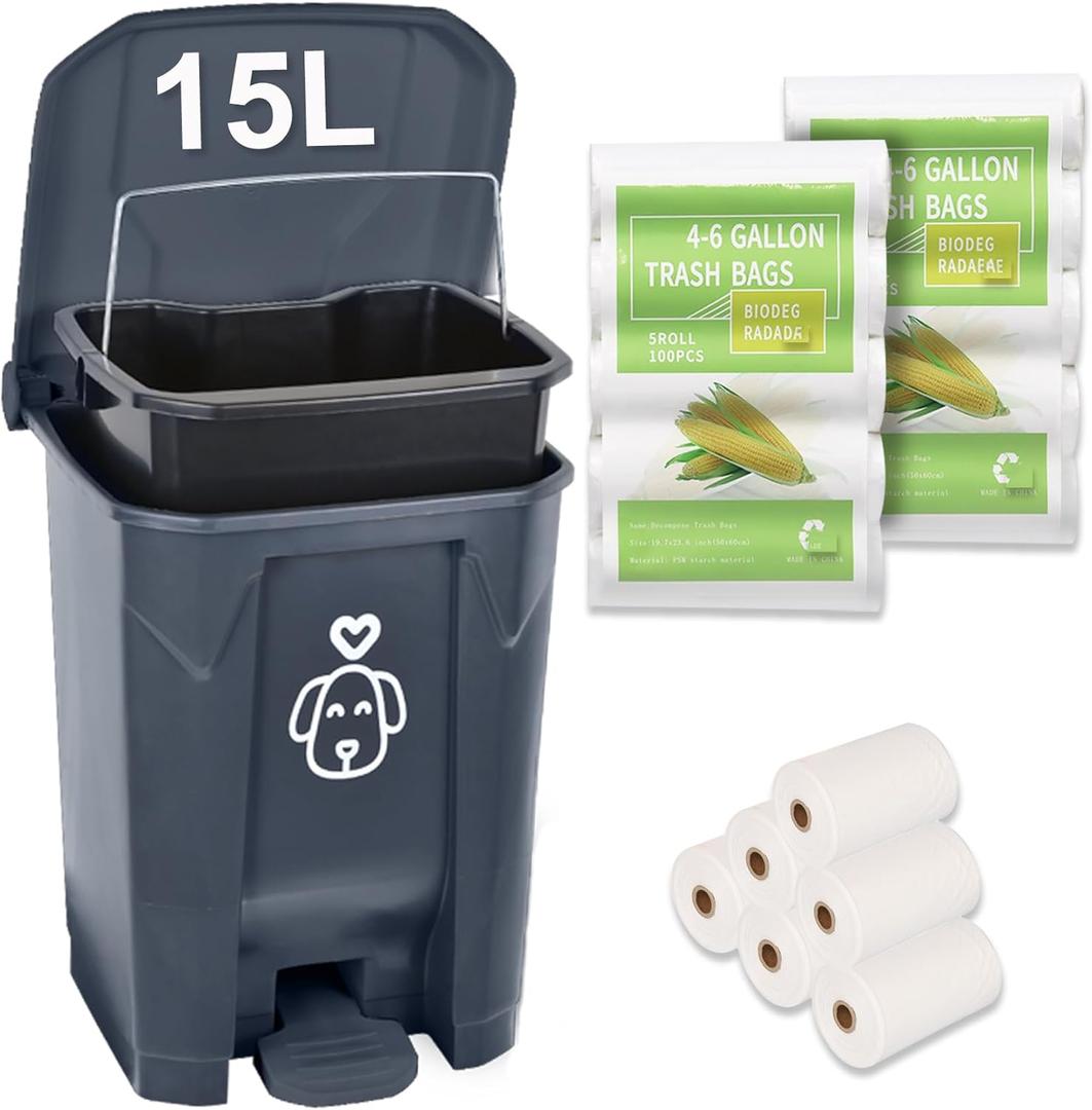 Outdoors Dog Poop Trash Can with Lid & 290PCS Waste Bags, Cute Dog Waste Trash Can for Dog Poop, Yard, Home, Garden, Kitchen, 15 Litre Grey Step with Removable Inner Bin, AG