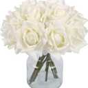 IPOPU White Roses Artificial Flowers,2 Bouquets 10PCS Real Touch Faux Roses with Stems for Wedding Party Home Table Centerpieces Decoration(White)