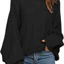 Mafulus Women's Oversized Crewneck Sweater Batwing Puff Long Sleeve Cable Slouchy Pullover Jumper Tops (X-Large, 1-black)
