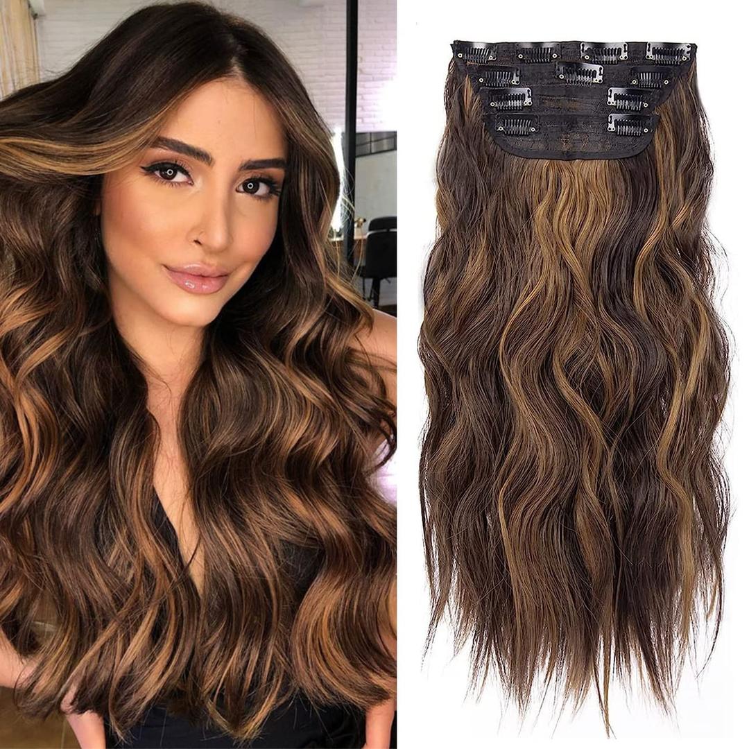 4Pcs Clip in Hair Extensions, 20 Inches Long Wavy Synthetic Brown Hair Extensions Clip in, for Women and Girls (Color: Dark Brown with Light Brown Highlights)