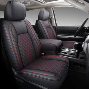 Coverado Toyota Tundra Seat Covers, Leather Seat Covers Compatible with 2007-2021 Toyota Tundra Crew/Crewmax/Extended/Double Cab Automotive Seat Covers for Car Trucks (Front, Red) 