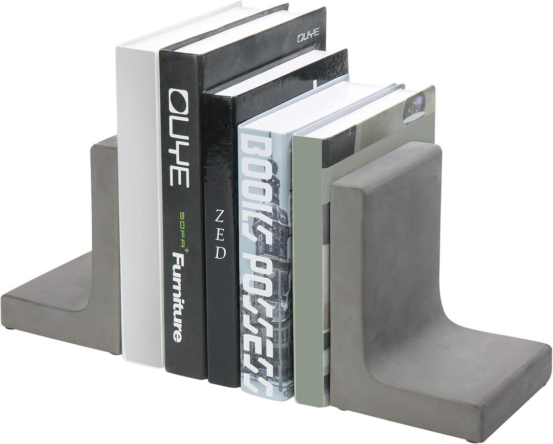 MyGift Solid Cement Bookends for Shelf in Gray Finish L-Shaped Decorative Heavy Duty Non-Skid Book Stopper for Home Office School, 1 Pair