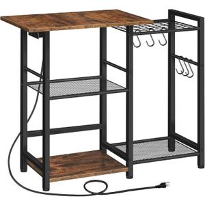 HOOBRO Bakers Rack with Power Outlet, Microwave Stand with Pots Rack, Kitchen Stand, Coffee Bar Table with 6 S Hooks, Kitchen Utility Storage Shelf for Spices, Pots, Black and Rustic Brown BF15UHB01G1
