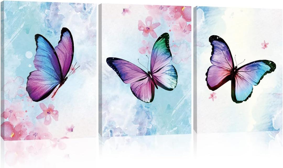 MZYHOME Butterfly Canvas Wall Art Decor 3 Piece Fantasy Girls Wall Art Watercolor Art Print Butterflies for Wall Art Living Room Bedroom Canvas With Wood Framed 12x16 Inch