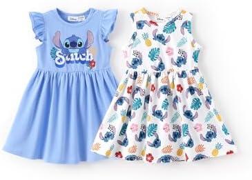 Disney Frozen Elsa Princess Minnie Mouse Stitch Toddler Girl Dresses 2 Pack Long Ruffle Sleeve Costume Set Outfit 4-5 Years