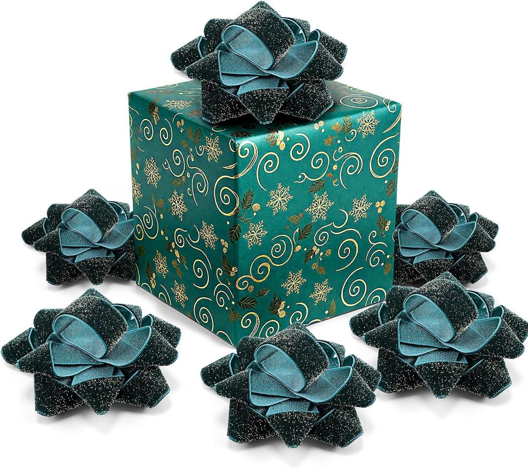 Knitgrip 12 Pcs Christmas Dark Green Velvet Gift Bow for Gift Wrapping 4 Inch Christmas Self Adhesive Glitter Ribbon Bows Stick on Flocked for Xmas Present Wrapping Decor Wreaths Tree
