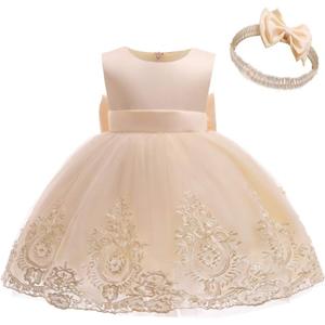 CMMCHAAH 0-6T Baby Girls Pageant Lace Embroidery Dresses Toddler Party Bowknot Tutu Gown Dress with Headwear (6-12 Months, Champagne)