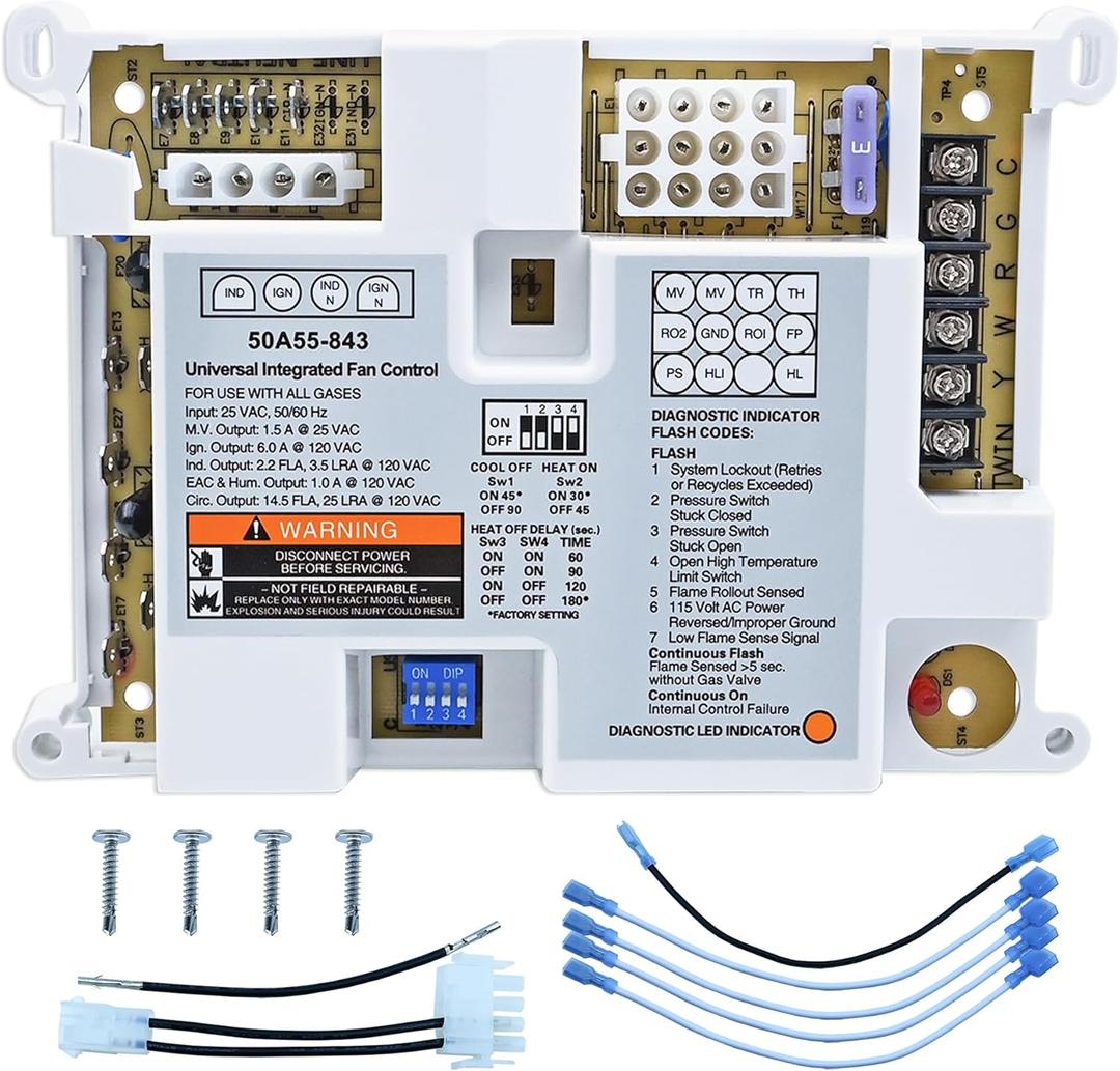 50A55-843 Furnace Control Board, Replacement for White Rodgers and Lennox Furnace Systems, Compatible with 50A50 and 50A55 Series Models such as 50A50-241, 50A50-405, and 50A55-571
