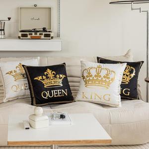 TAOSON Pack of 4, Black White Gold Queen King Pattern Home Decorative Throw Pillow Covers Gold Foil Pillow Covers Square Cushion Covers Decor Couch Sofa Bedroom 18 18 Inch S01412