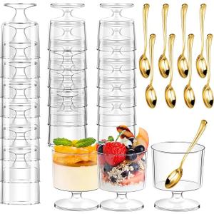 DI QIU REN 120 Pcs 5oz Dessert Cups with Golden Spoon, Plastic Dessert Parfait Cup Clear Appetizer Pudding Cup, Round Serving Goblet Cups Shot Glasse (Round Goblet60Pack)