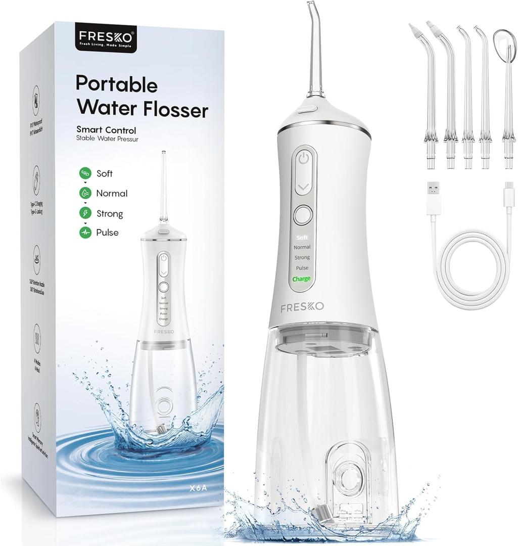 FRESKO Water Dental Flosser for Teeth, 300ML Cordless Flosser with Constant Pressure, Rechargeable Oral Irrigator Cleaner for Travel Home Use and Braces Care, IPX7 Waterproof, 5 Jet Tips (White)