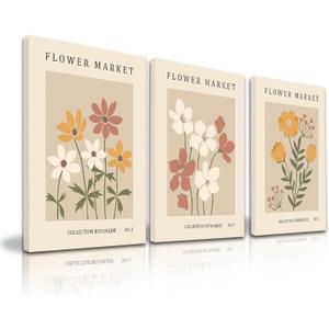Botanical Flower Wall Art Decor Set Of 3 Floral Wall Art, Rustic Floral Pictures Vintage Neutral Canvas Wall Art, Minimalist Wall Posters for Living Room Bedroom Framed 16"X24"