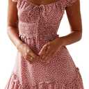 Valphsio Womens Smocked Dress Ruffle Floral Tie Front Boho Short Dresses Red S