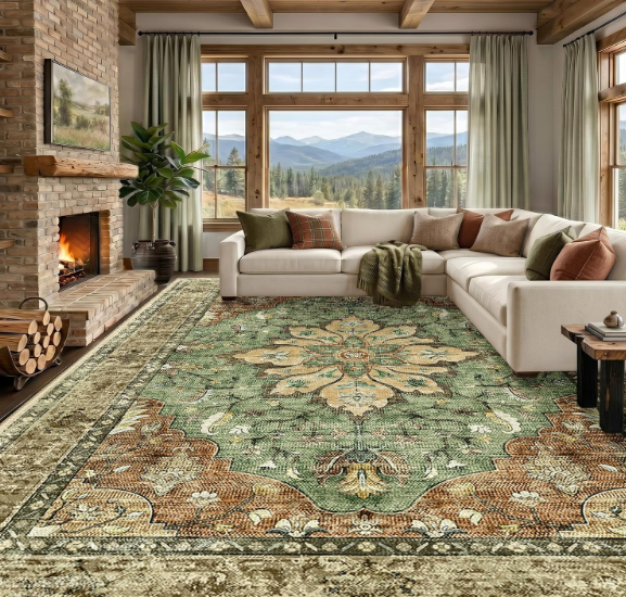 RELEANY Washable Area Rug, Large 10'x14', Brick/Brown/Green | Non-Slip, Water Repellent, Pet Friendly, Easy to Clean, Vintage Floral Boho Decor for Living Room Bedroom Dining Room
