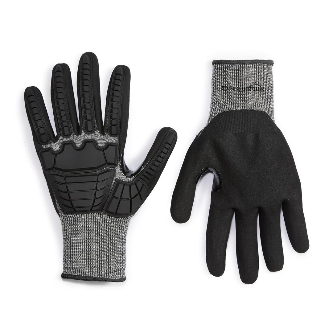 Amazon Basics Impact Protection Work Gloves - Cut Level A2, ANSI Level 4 Abrasion, Touchscreen Compatible, 15G Sandy Nitrile Palm, XX-Large, 100 Pack, Black with Black Edge