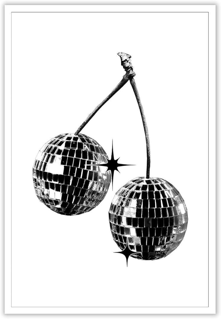 Vintage Cherry Disco Ball Posters Black And White Mirror Ball Minimalist Aesthetic Canvas Wall Art Bar Cart Party Prints Painting For Home Bedroom Dorm Wall Decor 8x12in Unframed