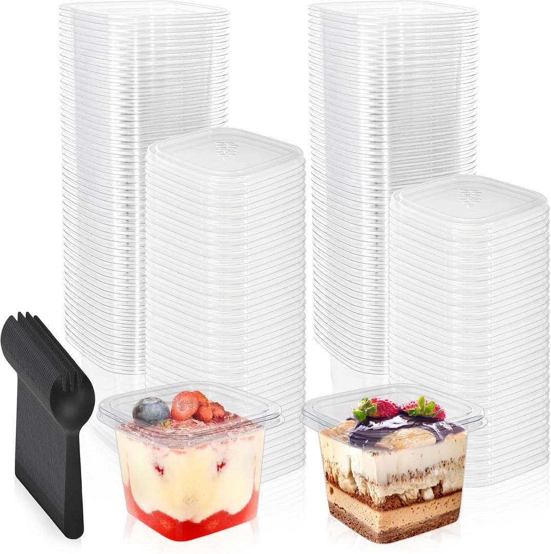 100 Pack 13 oz Square Plastic Dessert Cups, Clear Parfait Cups with Lids Spoons, Disposable Appetizer Tiramisu Container for Pudding, Fruit, Mousse, Shortcake, Yogurt