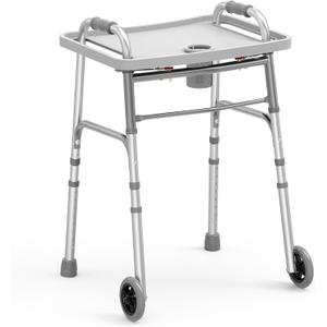 FSA/HSA Eligible Folding Walker with Tray, 5" Wheels Lightweight Walkers for Seniors and Adults, Supports Up to 350 Pounds, Adjustable Height, Compact Standard Walker, Silver