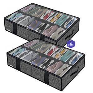 Onlyeasy 2 Pack Under Bed Shoe Storage Organizers with Handles & Clear window (Fit 14 +14 Pairs), Sturdy Underbed Box Organizer Shoe Storage Bags for Kids & Adults, Linen-like Black, MXAUBS14S14
