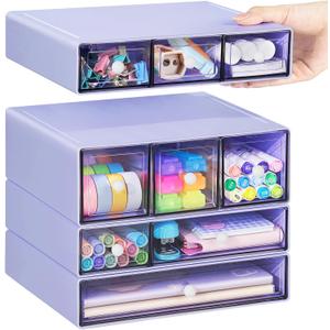 Desk Storage Organizer with 9 Drawers, 4 Tiers Stackable Desktop Craft Storage Drawers, Clear Storage Box Caddy for Stationary Makeup Jewelry Office Craft Supplies (Purple)