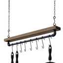 MyGift 30 Inch Ceiling or Wall Mounted Pot Rack with Rustic Brown Solid Wood Shelf and Industrial Matte Black Metal Pipe, Hanging Cookware Utensils Organizer with 8 S-Hooks