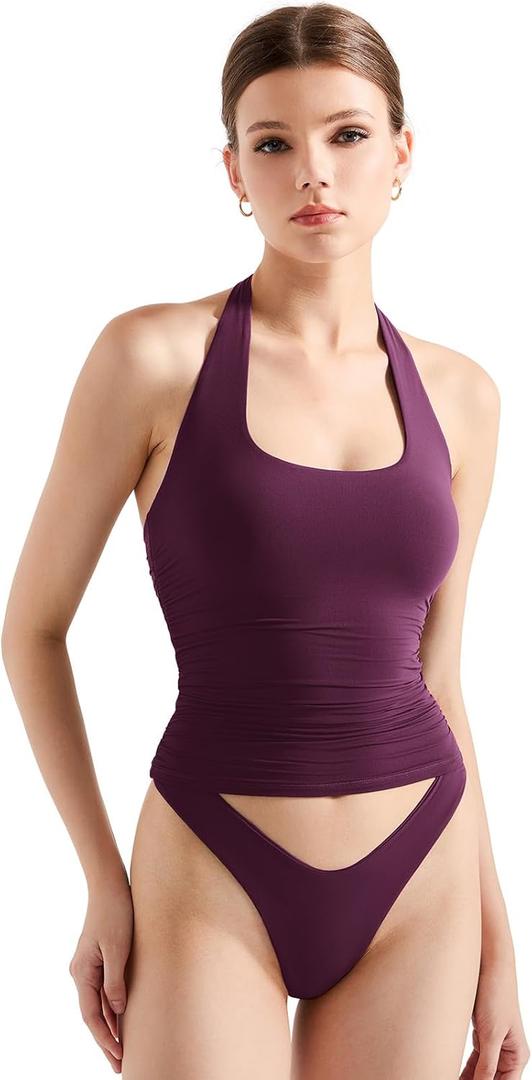 SUUKSESS Women Halter Tank Tops Double Lined Backless Y2K Trendy Going Out Tops (Small, Violet)
