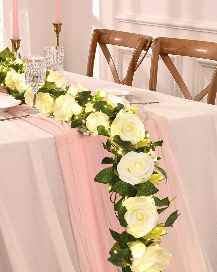 2 Pcs Flower Garland with 19.6 Ft Lights, 13.2 Ft White Floral Garland Fake Flowers for Home Wedding Party Wall Garden Room Outdoor Decor