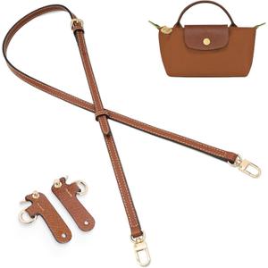 Purse Straps Replacement, Leather Handbag Crossbody Shoulder Strap Kit Adjustable for Mini Longcamp Tote Bag Women (Brown Gold)