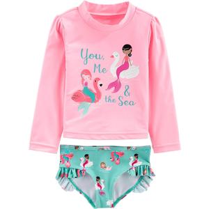 Simple Joys by Carter's Girls' 2-Piece Assorted Rashguard Sets (4T, Aqua Green Swan/Pink Mermaid)