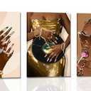 3Pcs Framed Black Girl Wall Art African American Canvas Prints Gold Nail Art Posters Vinyl Record Dress Paintings Dreadlock Lollipop Pictures Urban Chic Decor for Living Room Bedroom Home Decoration 16x24