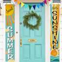 Deroro Sweet Summer Boho Sun Porch Banner Sign, Hello Sunshine Sunrise Cloud Bohemian Front Door Decorative Hanging Banner Flag, Yellow Teal Seasonal Decoration Home Outdoor Decor