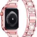 SUPOIX Compatible with Apple Watch Band S11 S10 46mm + Case, Women Jewelry Bling Diamond Metal Strap & 2P Cover Cases for iWatch Series 11/10(Rose Pink,46mm)