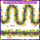 50FT Mardi Gras Tinsel Garland, Purple Green Gold Glitter Tinsel Garland Metallic Twist Foil Hanging Decor for Carnival Party Indoor Outdoor Mardi Gras Decorations (Style 3)