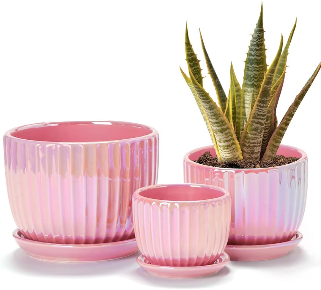 Ton Sin Pink Gold Ceramic Flower Pots, 4"+5"+6" Inch Small Glazed Succulent Planters with Drainage Hole,Modern Indoor Decorative Plant Pots Set of 3,Garden Pots with Saucer