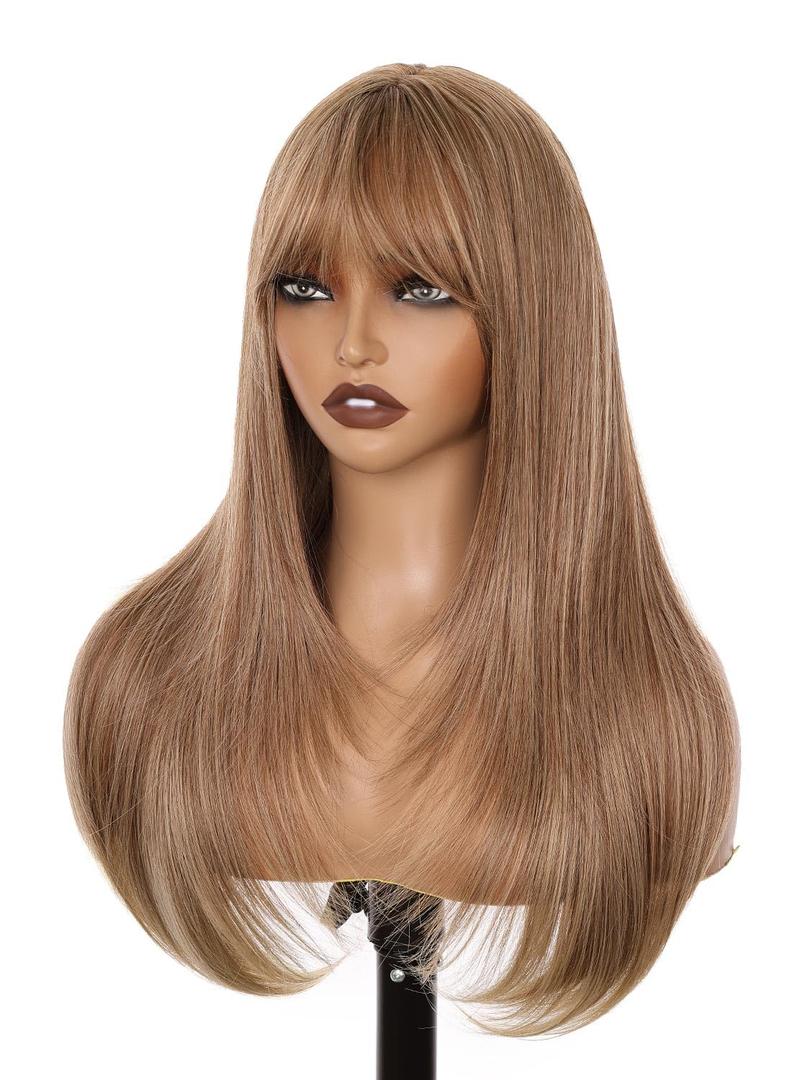 Warm Golden-brown Color Glueless Lace Front Wig For Women | 26 Inch Long Straight Layered Synthetic Wig With Curtain Bangs | Heat Resistant, Wear & Go, No Glue Needed | Cosplay & Daily Use