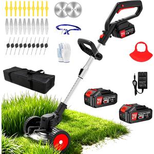 Electric Weed Wacker Cordless,21V Weed Eater Battery Powered,No String Trimmer Battery Operated Lawn Trimmer,3 In 1 Grass Trimmer/Brush Cutter/Lawn Edger,Lightweight Wheel Weed Trimmer for Garden Yard