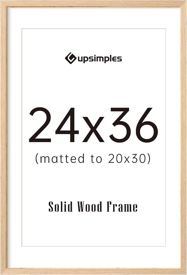 upsimples 24x36 Poster Frame, Natural Solid Wood Picture Frames, Display 20x30 with Mat or 24 x 36 Without, Vertical & Horizontal Wall Hanging, 1 Pack, Natural
