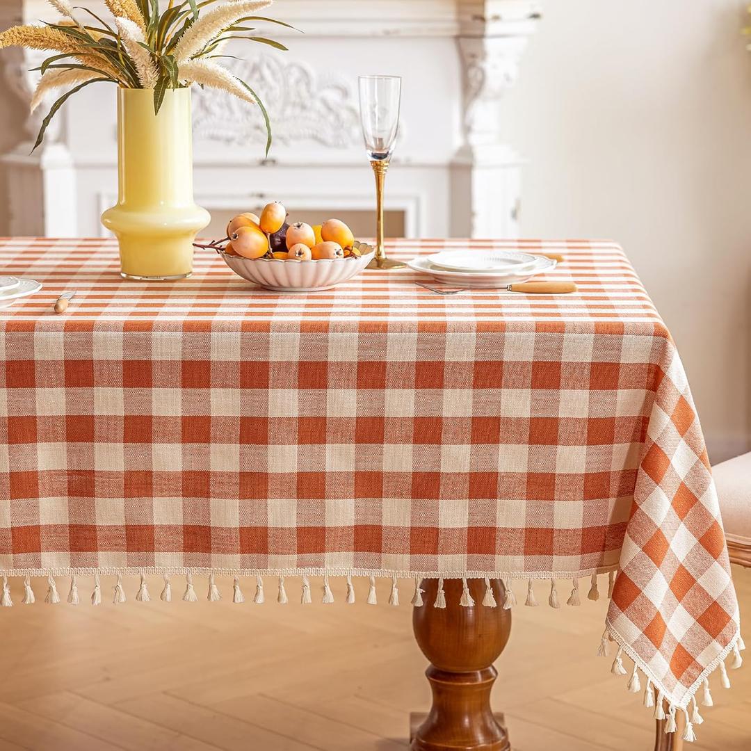 Checkered Fall Tablecloth Rectangle Cotton Linen Gingham Table Cloth with Tassel Washable Wrinkle Free Heavy Duty Buffalo Plaid Table Cover for Dining/Party/Picnic (Orange, 55" x 70" (Rectangular))