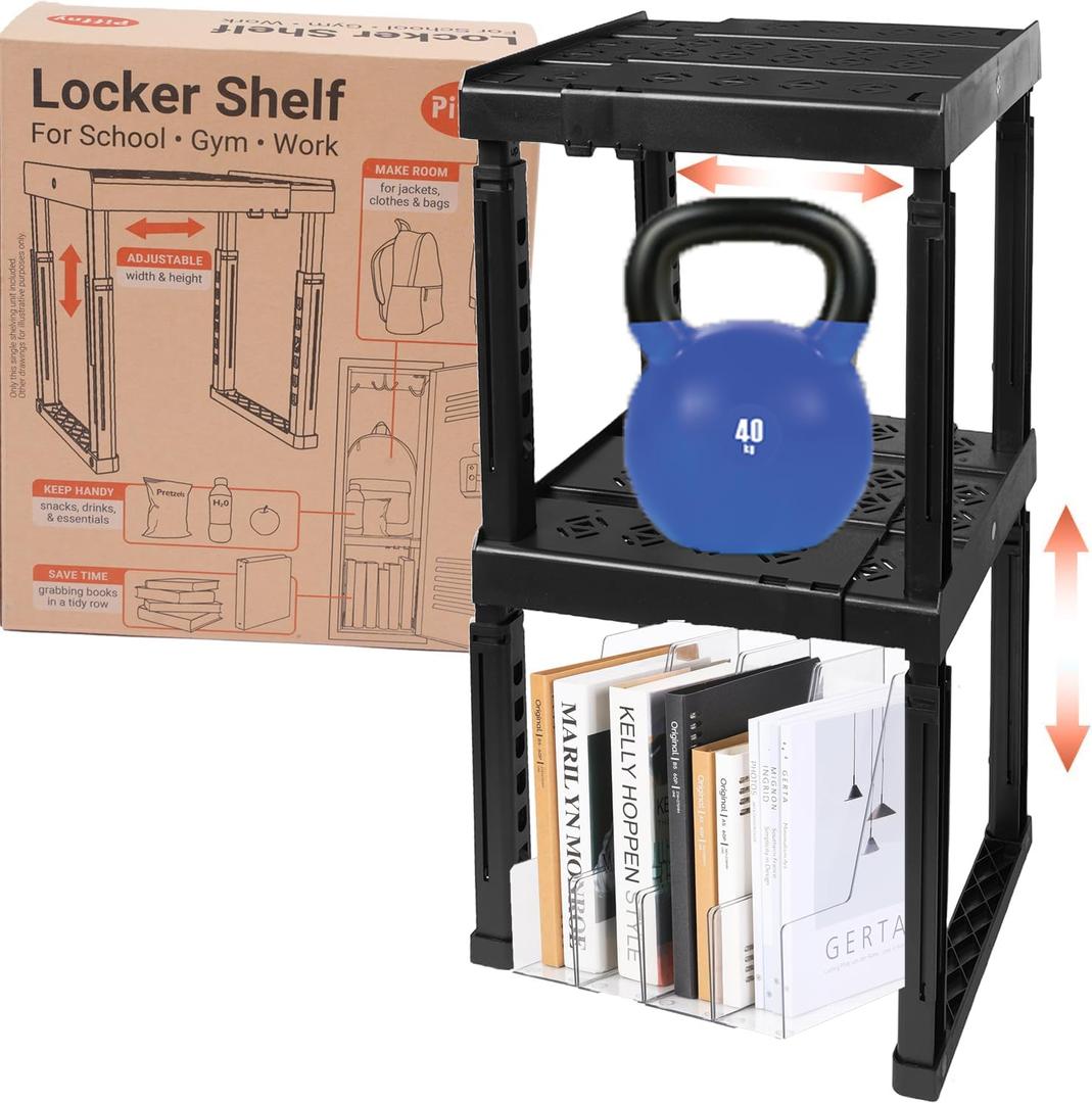 Locker Organizer Shelf， Adjustable Width and Height, Stackable, Ideal Locker Shelf for School, Office, Gym Lockers, or Even Kitchen Cabinets & Under Sink Organization